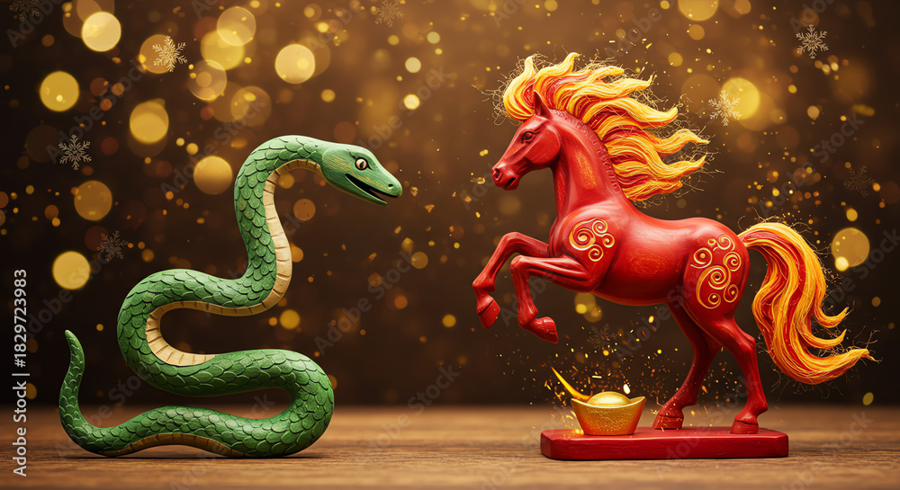 Fototapeta premium Decorative snake and horse figurines against bokeh background for year of the snake, year of the horse 