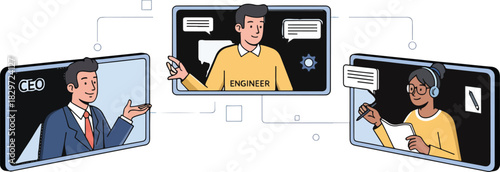 Illustration of people in a virtual meeting, communicating and collaborating online