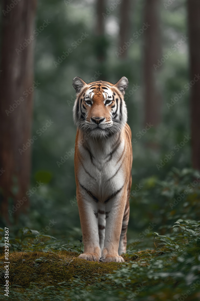 Naklejka premium Full body indian tiger standing in lush green forest, alert expression, natural habitat, majestic wildlife, vibrant fur pattern