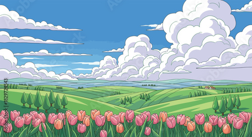 Vibrant pixel art landscape with rolling hills flowers and dramatic clouds