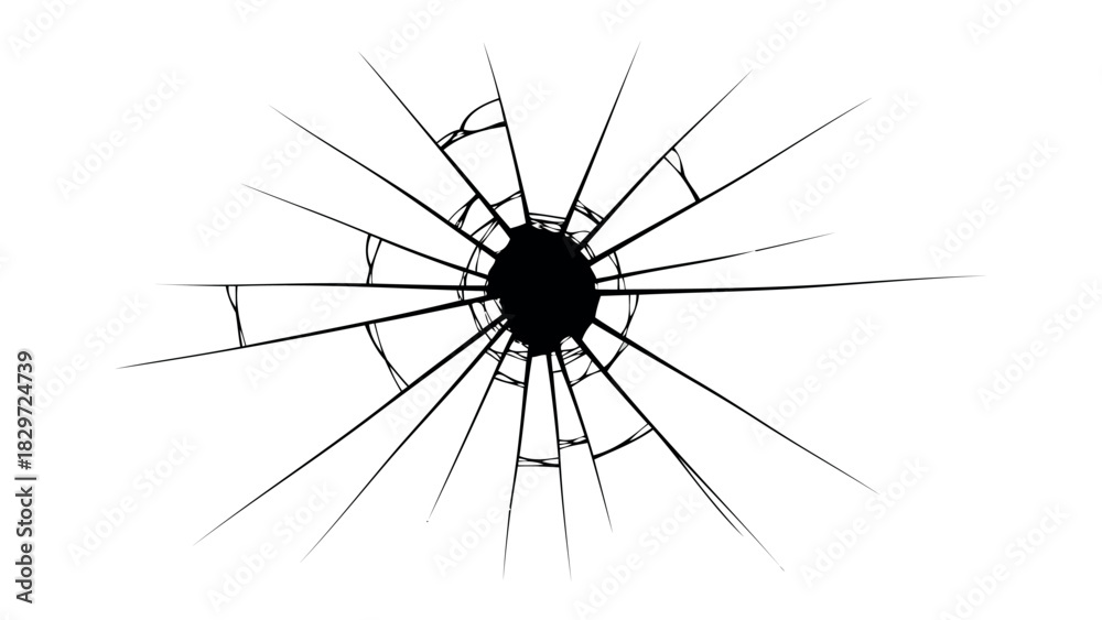 Obraz premium Cracked glass with a black hole silhouette on white background silhouette