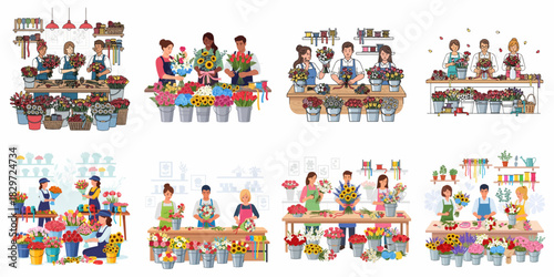 Set of eight vector illustrations depicting diverse florists arranging fresh, colorful bouquets in flower shops and studios, focusing on floral retail work.