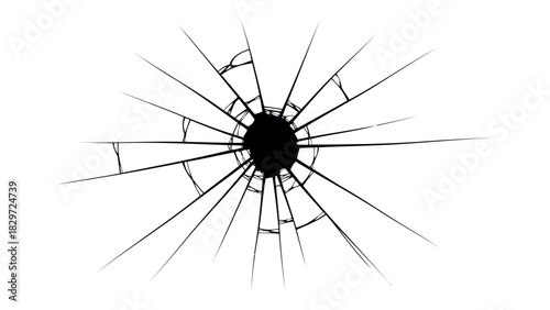 Cracked glass with a black hole silhouette on white background silhouette