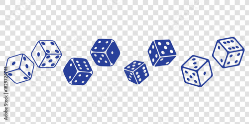 Game dice icons in outline and filled vector styles. Gambling and board game symbols with dots and cubes