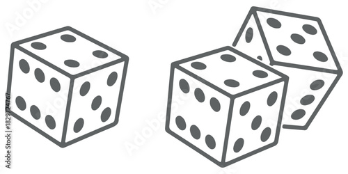 Dice Black And White Vector Illustration. Dices flat icon sets. Rolling dice. White roll cubes for gamble games, top view dice sides and falling 3D angles lucky craps. .poker gaming cube entertainment
