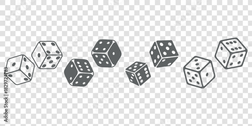 Dice Black And White Vector Illustration. Dices flat icon sets. Rolling dice. White roll cubes for gamble games, top view dice sides and falling 3D angles lucky craps. .poker gaming cube entertainment
