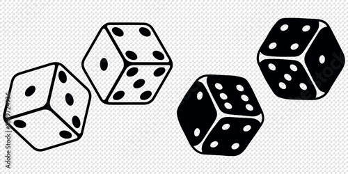 Game dice icons in outline and filled vector styles. Gambling and board game symbols with dots and cubes