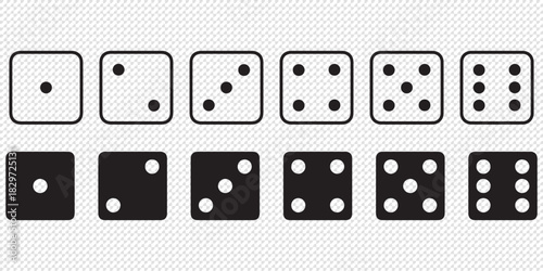 Dice Black And White Vector Illustration. Dices flat icon sets. Rolling dice. White roll cubes for gamble games, top view dice sides and falling 3D angles lucky craps. .poker gaming cube entertainment