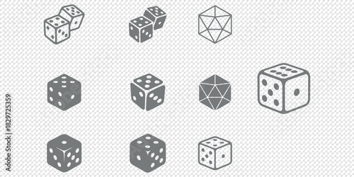 Dice Black And White Vector Illustration. Dices flat icon sets. Rolling dice. White roll cubes for gamble games, top view dice sides and falling 3D angles lucky craps. .poker gaming cube entertainment