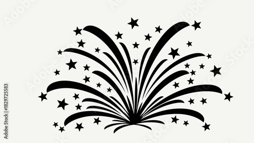 Black and white illustration of a firework with stars exploding from a central point.