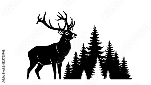 Black silhouette of a majestic deer with large antlers standing beside a cluster of pine trees on a white background.
