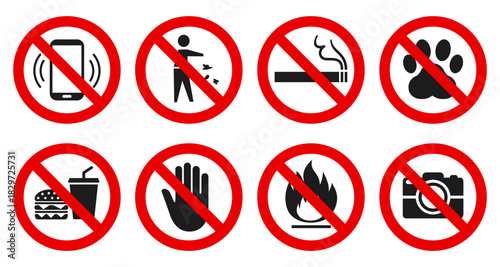 Prohibited icons set: no cell phone zone, litter, smoking, pets, no eating and drinks allowed, do not touch, do not light a fire, no photography