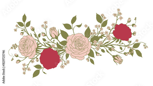 Elegant floral arrangement with pink and red roses, green leaves, and small buds on a white background.