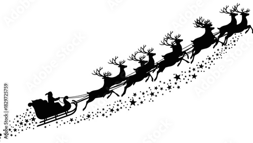 Silhouette of Santa Claus in a sleigh pulled by eight flying reindeer, leaving a trail of stars, against a white background.