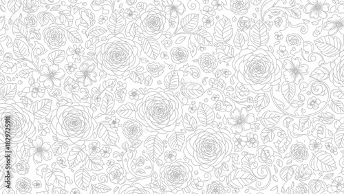 Seamless floral pattern with hand-drawn roses and leaves in a delicate light gray line art style on a white background.