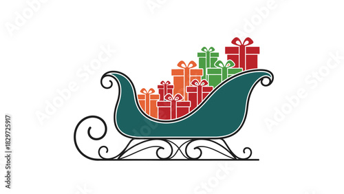A festive teal sleigh overflowing with colorful wrapped Christmas presents, ready for delivery.