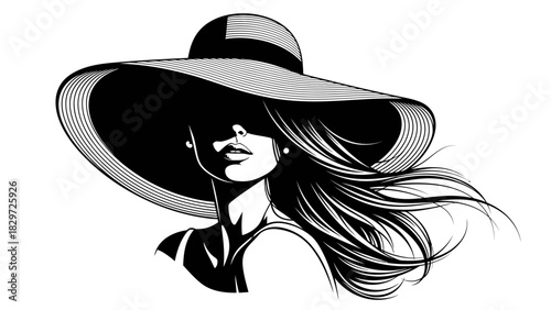 Elegant illustration of a woman wearing a wide-brimmed hat, with flowing hair and a mysterious gaze.