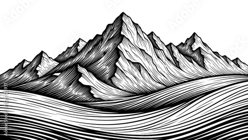 A dramatic black and white illustration of jagged mountain peaks rising above rolling hills.