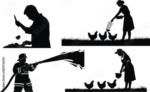 Silhouetted illustrations of people performing various actions in different scenarios