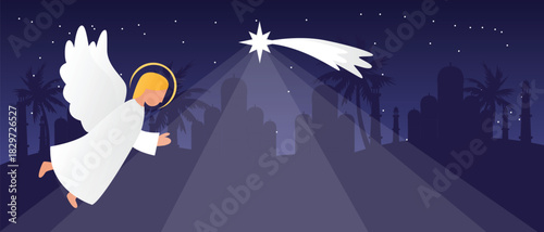 Flying angel bringing blessings over the nativity scene at night with shining Bethlehem star on dark night sky background