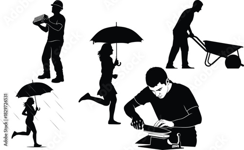 Black silhouettes of people performing various activities in different poses