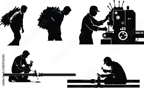 Silhouetted workers engaged in various labor intensive tasks and manufacturing processes
