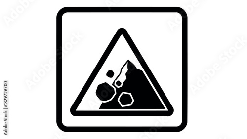 Falling rocks warning sign with triangular shape in silhouette style silhouette