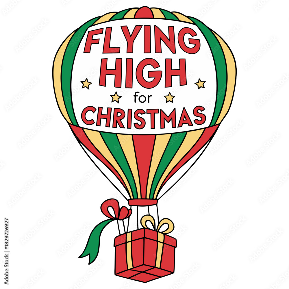 Fototapeta premium Flying High for Christmas – Festive Hot Air Balloon with Gift Box, Holiday Cheer Vector Illustration, Art, Red Green Yellow Striped Decoration, Seasonal Present Concept & Winter Greeting Card Design