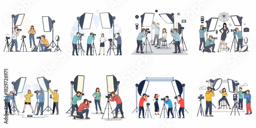 Set of illustrations showing professional photography studio sessions, featuring models, cameramen, and lighting equipment in various scenes.