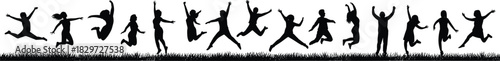 Silhouette of joyful people jumping and celebrating, outdoor fun, energetic motion, happiness, freedom, active group, excitement, youthful vitality, positive energy