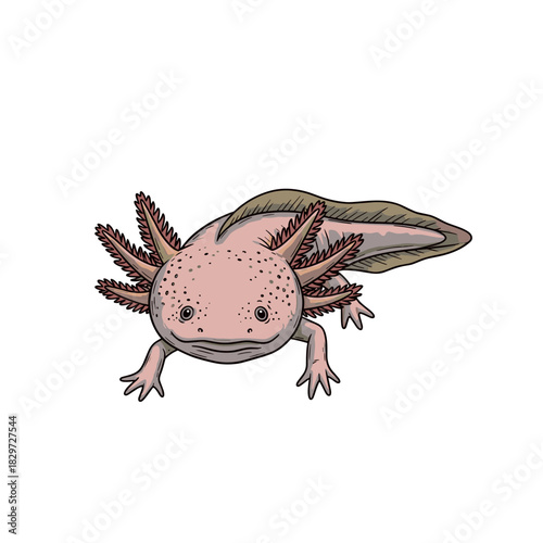 Cute axolotl with frilly gills and smiling expression for animal illustration concept