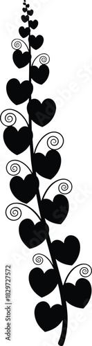 Monochrome black vector silhouette of a stylized flower spike on a stem, featuring heart-shaped petals and delicate spiral tendrils, ideal for wedding, love, or romantic botanical design, isolated.v