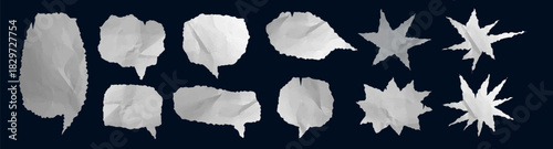 Colorful crumpled paper comic speech bubbles and stars shapes. Retro comic torn paper cutouts collage design. Business communication concept.