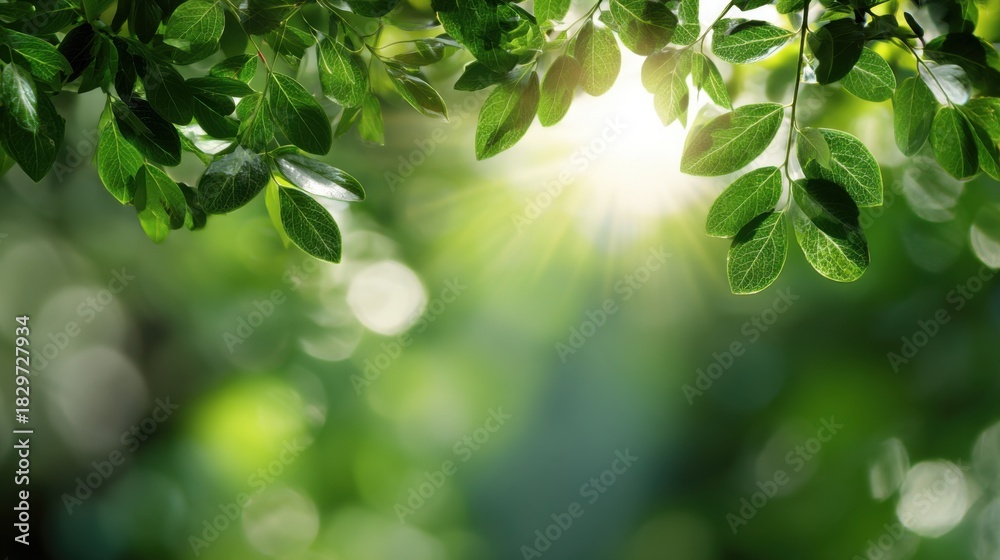 Obraz premium Lush green leaves with sun flare background