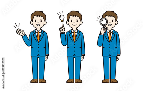 案内する・閃く・調べる、スーツを着た若い男性の全身ベクターイラスト素材セット＿カラー