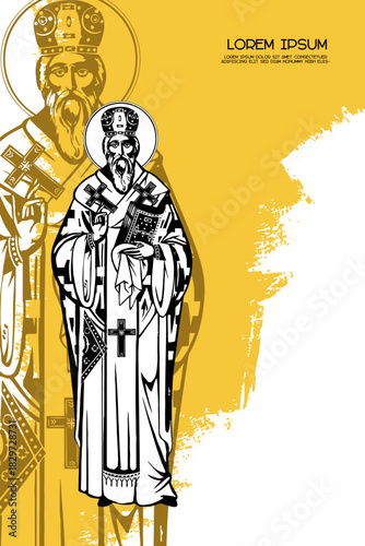 Religious vintage poster template with Basil of Ostrog. Christian illustration in Byzantine style