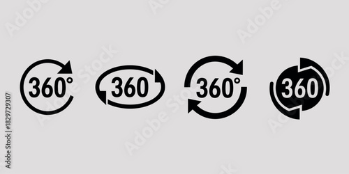 Set of four circular arrows indicating 360 degree rotation and virtual reality