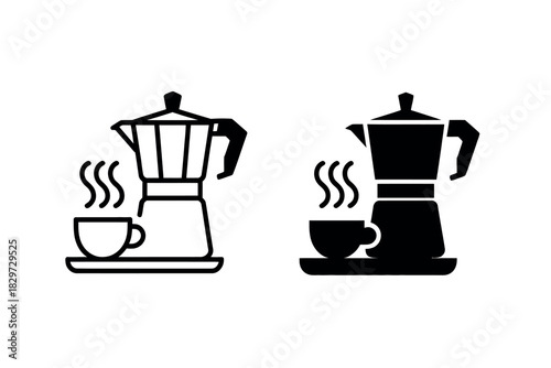 Two moka pot coffee makers with steaming cups icon set