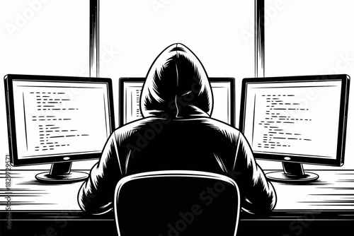 Anonymous hacker in a hoodie typing on multiple computer screens displaying code