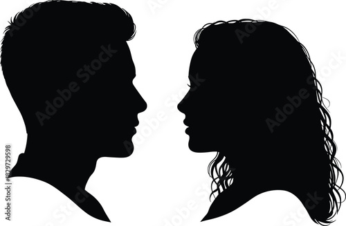 Silhouette of man and woman face to face, romantic couple concept, love relationship, connection, communication, intimacy illustration