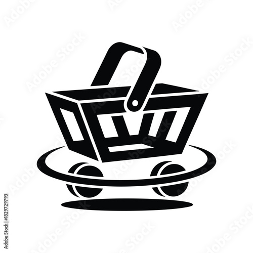 Shopping Basket Silhouette with Rotating Motion and Wheels – E-Commerce Icon on White Background