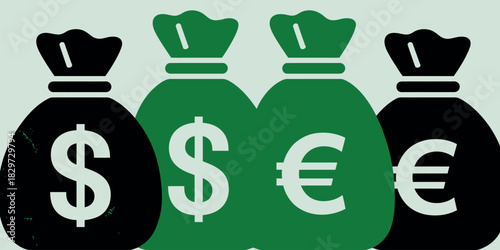 Four money bags with dollar and euro symbols on a light green background