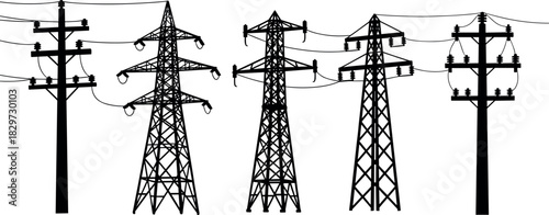 Silhouettes of utility poles and transmission towers for electrical grid and power distribution systems - flavector