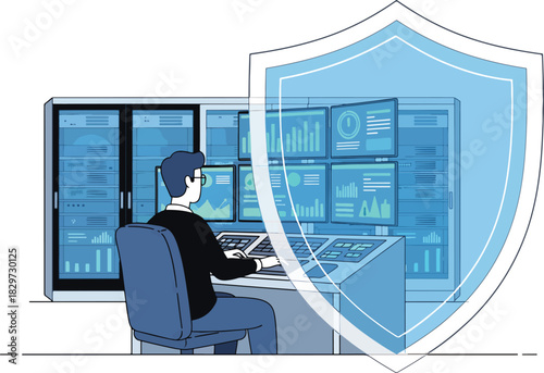 Cybersecurity professional monitoring multiple data screens in a secure server room protected by a shield icon, representing network protection and data security