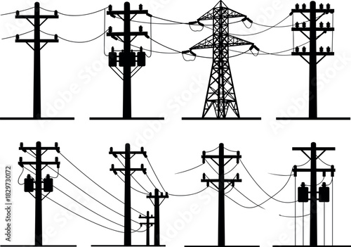 Silhouettes of utility poles, transmission towers, electrical grid components for power distribution systems - flavector
