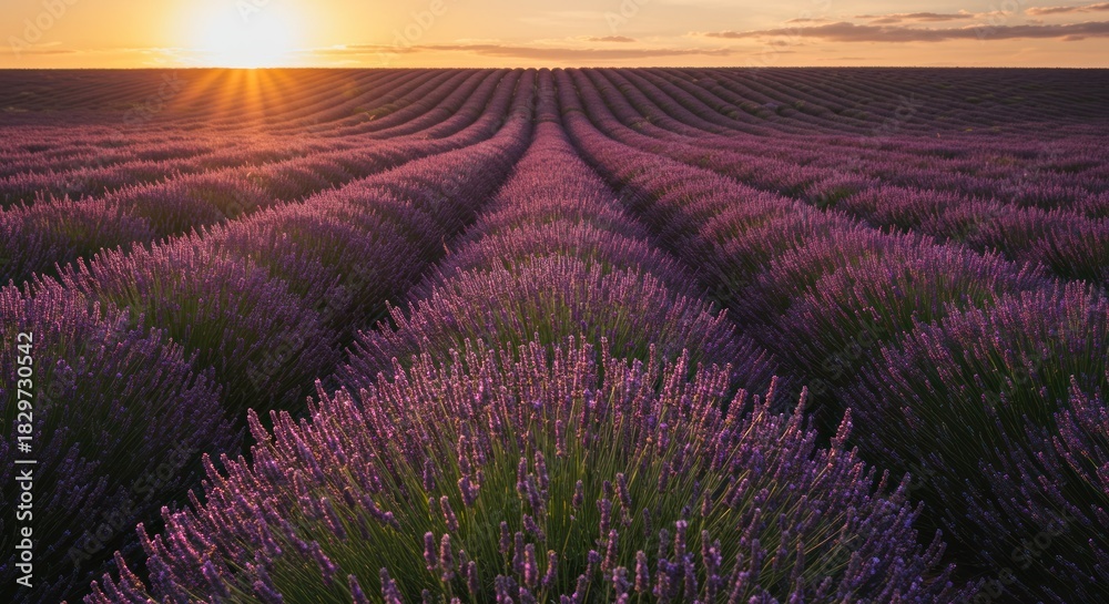 Obraz premium Lavender field rows at sunset sunlight nature scenery landscape