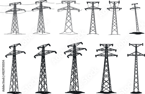 Transmission tower silhouettes, electric pylons, power grid structures, vector infrastructure illustration, high-voltage design - flavector