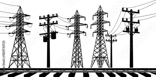 Transmission towers, utility poles, and railroad tracks silhouette, electric grid vector art, infrastructure landscape - flavector