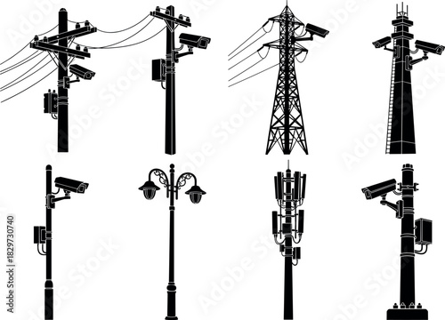 Urban infrastructure silhouettes, utility poles, telecom towers, surveillance and lighting setups, vector illustration series - flavector