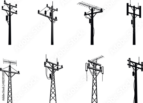Utility pole silhouettes with antennas and insulators, electric grid and telecom vector art - flavector